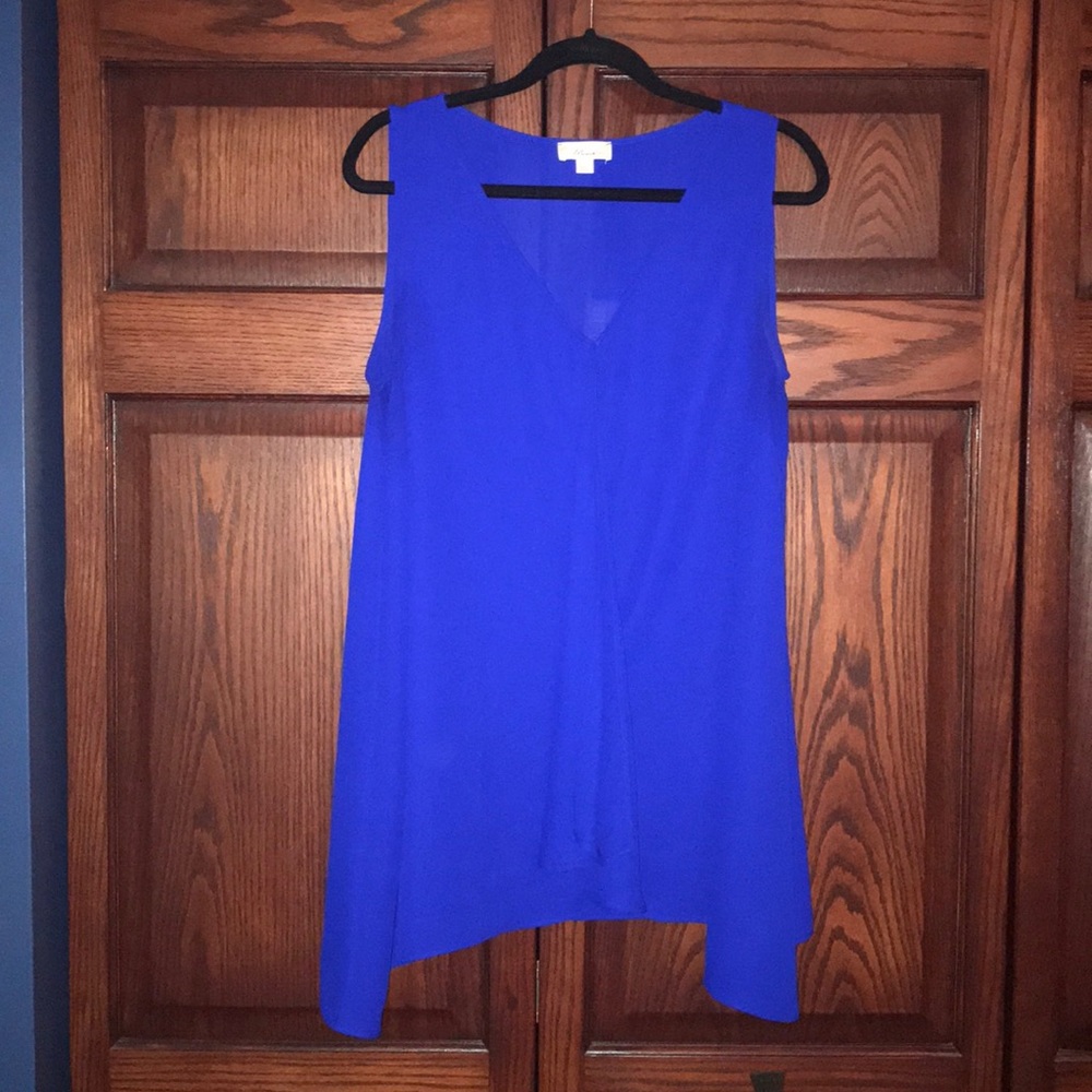 Royal blue blouse with front ruffle.  Day 2 nite!